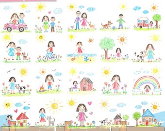 Kids Doodle Clipart | Hand-Drawn Family Graphics (PNG Files)