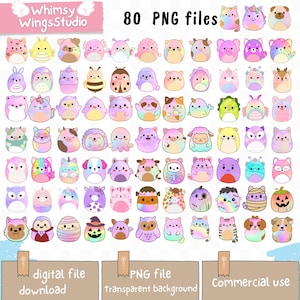 May include: An image showcasing 80 PNG files of cartoon characters in a variety of animal and fantasy designs. The characters are in pastel shades, with some featuring unique patterns and accessories. The image includes the text "Whimsy WingsStudio" and "80 PNG files".
