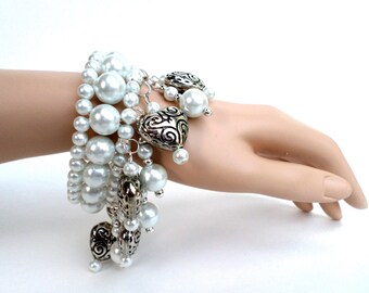 Gisele Gomez Statement 8" Silver Plated Heart Charm Bracelet | White Glass Pearl | Valentine's Day Gift | Ready to Ship | Handmade in USA