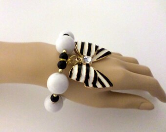 9" White, Black And Gold Bracelet | Large Bow Charm Bracelet | OOAK Holiday Gift For Her | Ready to Ship | Handmade in USA By Gisele Gomez