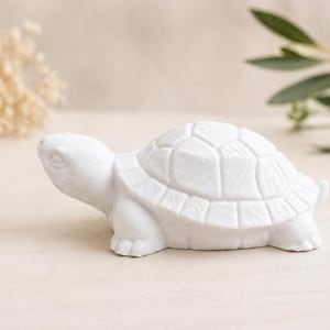 Puede incluir: Pequeña figura de tortuga de cerámica blanca. La tortuga tiene un patrón de caparazón detallado y descansa sobre una superficie clara. Ramas decorativas de flores secas y vegetación en el fondo.