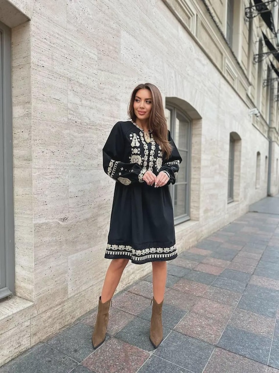Black Embroidered Vyshyvanka Dress | Ukrainian Folk Tunic l Sizes SL