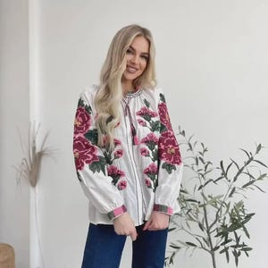 Вышиванка  - Ukrainian Embroidered Blouse with Floral Pattern – White Cotton Shirt with Pink & Green Motifs–Traditional Vyshyvanka for Women
