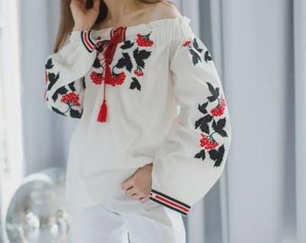 Embroidered Cotton Blouse "Viburnum" – Ukrainian Vyshyvanka Folk Shirt