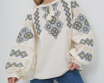 Light Beige Cotton Vyshyvanka Blouse – Folk Style Shirt