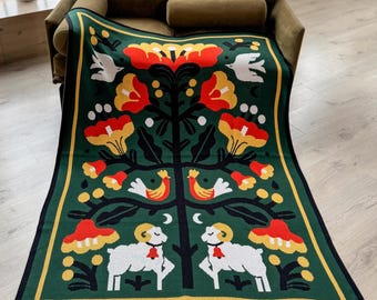 Coperta Boho Albero della Vita / Coperta da letto in cotone ucraino / Arazzo accogliente / Ispirata allo stile Hutsul