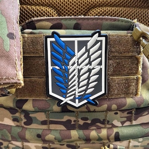 May include: A black and gray patch with a white and blue winged symbol. The patch is attached to a camouflage fabric background.