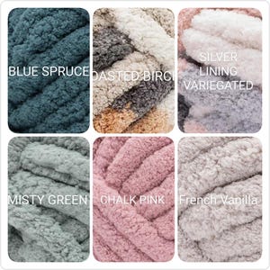 Puede incluir: Un collage de seis madejas de hilo gruesas y texturizadas en varios colores etiquetadas como Blue Spruce, Roasted Birch, Silver Lining Variegated, Misty Green, Chalk Pink y French Vanilla. Cada secci&oacute;n muestra la fibra suave y en bucles.