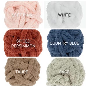 Puede incluir: Seis madejas de hilo de chenilla grueso dispuestas en una cuadr&iacute;cula. Los colores est&aacute;n etiquetados como Soft Pink, White, Spiced Persimmon, Country Blue, Taupe y Sage. Cada madeja presenta una textura gruesa, afelpada y aterciopelada.