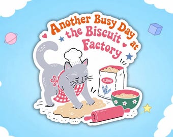 Biscuit Factory Cat Sticker, Baking Baker Kitty Vinyl Decal, Cat Lover Gift