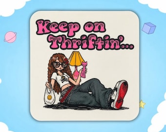 Adesivo "Keep On Thriftin'", decalcomania per amanti del vintage, adesivo in vinile con ragazza che fa shopping in stile retrò