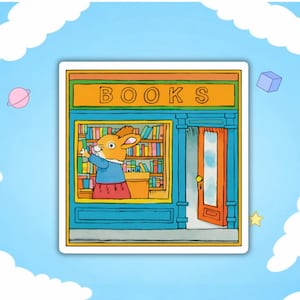 May include: A sticker featuring a cartoon illustration of a bunny in a bookstore. The store has a blue facade with the word "BOOKS" above the entrance. The bunny is wearing a blue shirt and red skirt, surrounded by colorful books.