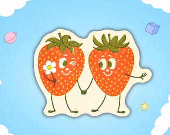 Adesivo retrò con fragole e coppia di frutti kawaii, adesivo in vinile resistente alle intemperie.