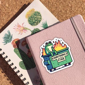 Pu&ograve; includere: Un adesivo con una rana verde seduta in un cassonetto in fiamme. Il testo "EVERYTHING'S FINE" &egrave; visibile. L'adesivo &egrave; su un quaderno rosa, accanto a un quaderno con illustrazioni di cactus.