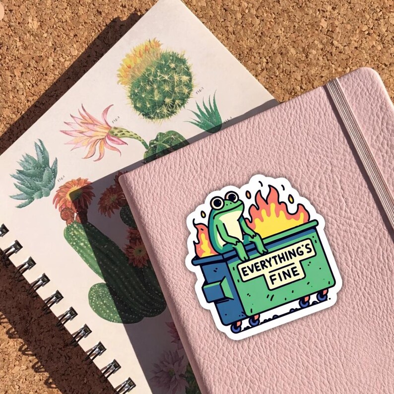 Pu&ograve; includere: Un adesivo con una rana verde seduta in un cassonetto in fiamme. Il testo "EVERYTHING'S FINE" &egrave; visibile. L'adesivo &egrave; su un quaderno rosa, accanto a un quaderno con illustrazioni di cactus.