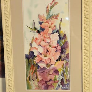Colorful Barbara Thelen Original Signed Watercolor Of Flowers And A Hummingbird.