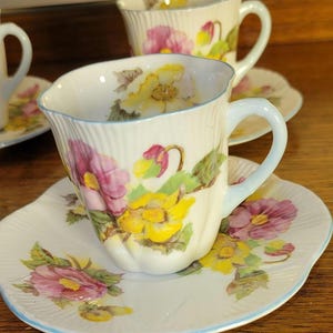 Antique Shelley &quot;Begonia&quot; Fine Bone China Teacup and Saucer Set.