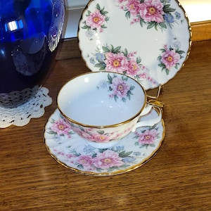 Puede incluir: Una taza de té y un platillo blancos con un patrón floral en tonos de rosa, azul y verde. La taza y el platillo tienen un borde dorado.