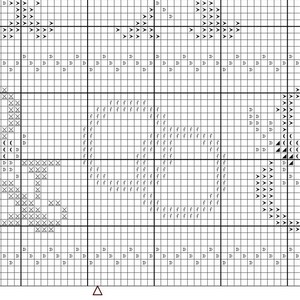 May include: A cross-stitch pattern chart with a grid of squares, featuring symbols like arrows, Xs, and Fs. The design includes geometric shapes and patterns, ideal for needlecraft projects. The chart is black and white.