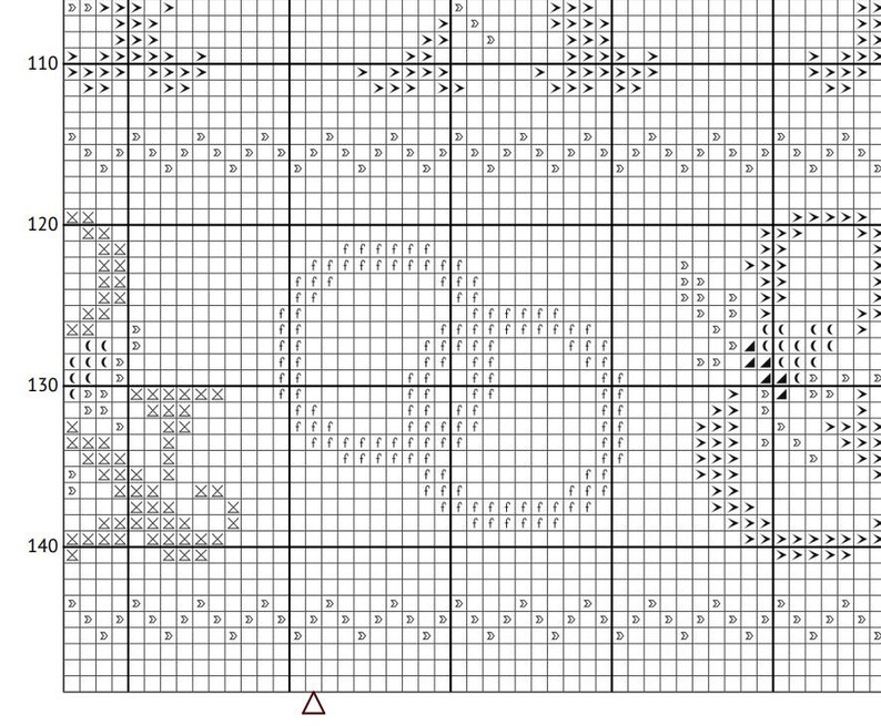 May include: A cross-stitch pattern chart with a grid of squares, featuring symbols like arrows, Xs, and Fs. The design includes geometric shapes and patterns, ideal for needlecraft projects. The chart is black and white.