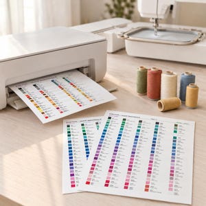 Può includere: Una stampante bianca con una pagina di tabella colori stampata, due pagine aggiuntive di tabella colori e cinque rocchetti di filo da ricamo nelle tonalità verde, terracotta, crema, blu e giallo, accanto a una macchina da ricamo con telaio.