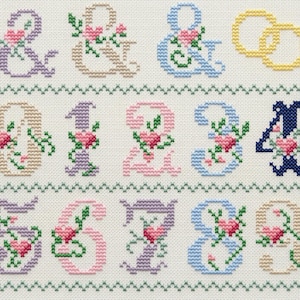 Peut inclure: Échantillon de point de croix avec des chiffres et un esperluette, chacun orné de motifs floraux. Les chiffres et l'esperluette sont dans différentes couleurs pastel, dont le rose, le bleu et le lavande, avec des vignes vertes et des roses roses. Deux alliances dorées sont également incluses.