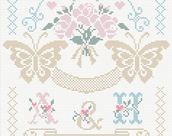 Personalized Wedding Cross Stitch Pattern, Romantic Floral Monogram (PDF Download)