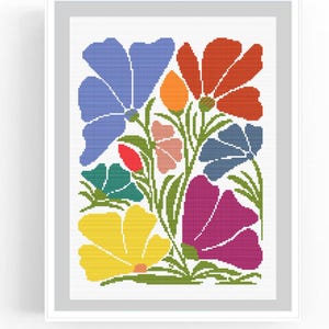 May include: A cross-stitch pattern featuring a colorful bouquet of flowers in shades of blue, red, yellow, pink, and green. The flowers are stylized and arranged in a symmetrical pattern.