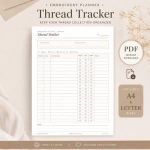Registro de hilos de bordar imprimible, página de registro de inventario de hilos DMC, PDF tamaño carta A4 para descarga instantánea