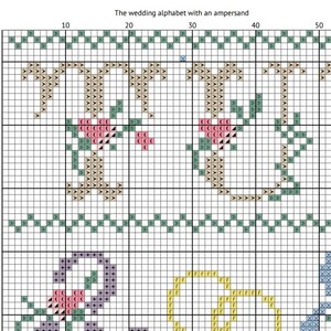 May include: A cross-stitch pattern featuring the words "The wedding alphabet with an ampersand." The design includes letters and an ampersand in various colors, including beige, pink, green, and purple, set against a grid background.