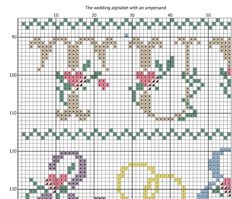 May include: A cross-stitch pattern featuring the words "The wedding alphabet with an ampersand." The design includes letters and an ampersand in various colors, including beige, pink, green, and purple, set against a grid background.