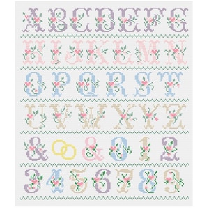 A cross stitch chart titled "The wedding alphabet with numbers and ampersand." The design features the alphabet in various colors, with floral accents. The design size is 160 x 185 stitches. The chart includes ampersands and wedding ring symbols.