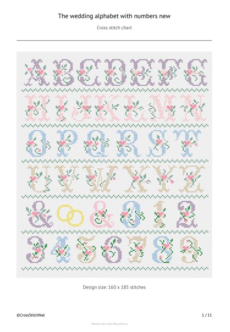 A cross stitch chart titled "The wedding alphabet with numbers and ampersand." The design features the alphabet in various colors, with floral accents. The design size is 160 x 185 stitches. The chart includes ampersands and wedding ring symbols.