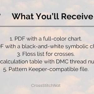 May include: Image shows a list of items included with a purchase. The text reads "What You'll Receive" followed by a list of five items: a full-color chart PDF, a black-and-white symbolic chart PDF, a floss list, a floss calculation table, and a Pattern Keeper-compatible file.