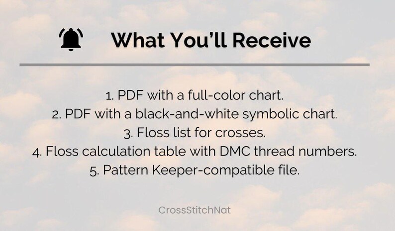May include: Image shows a list of items included with a purchase. The text reads "What You'll Receive" followed by a list of five items: a full-color chart PDF, a black-and-white symbolic chart PDF, a floss list, a floss calculation table, and a Pattern Keeper-compatible file.