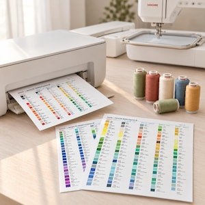 May include: A white printer outputting a color chart, two additional printed color reference sheets, and five spools of embroidery thread in olive, terracotta, cream, blue, and mustard yellow, with a white embroidery machine in the background.