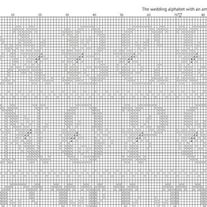 May include: A cross-stitch pattern chart with the text "The wedding alphabet with an ampersand." The chart features a grid with floral letter designs and an ampersand. The pattern is in black and white.