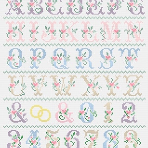 Elegant wedding alphabet cross stitch pattern with floral letters and numbers, ampersand, hearts, and rings in pastel colors on grid chart for digital PDF download
