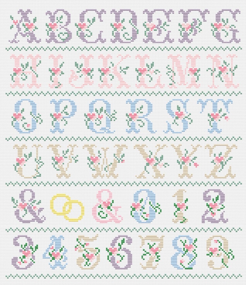 Elegant wedding alphabet cross stitch pattern with floral letters and numbers, ampersand, hearts, and rings in pastel colors on grid chart for digital PDF download