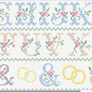 May include: Cross-stitch sampler with letters, ampersands, and wedding rings. The letters are in blue and tan, decorated with pink flowers and green leaves. The wedding rings are yellow. The background is white.