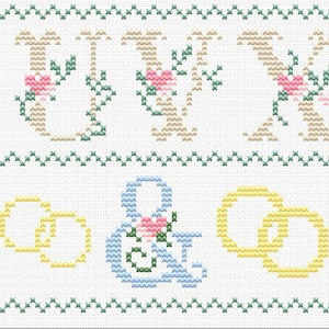 May include: Cross-stitch pattern featuring the word "LOVE" and ampersands, with floral accents and wedding rings. The design uses pastel colors like pink, green, and yellow on a white background, creating a charming, handcrafted aesthetic.