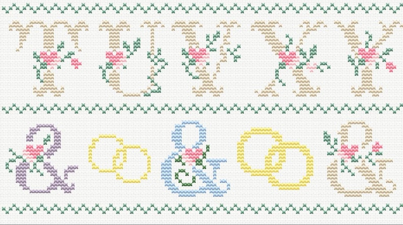 May include: Cross-stitch pattern featuring the word "LOVE" and ampersands, with floral accents and wedding rings. The design uses pastel colors like pink, green, and yellow on a white background, creating a charming, handcrafted aesthetic.