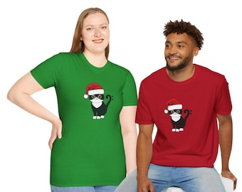 Bass Clef Tuxedo Cat Wearing Santa Hat Graphic Shirt