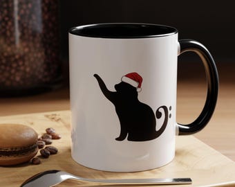 Bass Clef Cat Wearing Santa Hat - Ceramic Mug (11oz and 15oz) | Festive Kitty Design