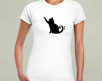 Bass Clef Cat Tee - Women's Softstyle Graphic T-shirt - Gift for Cat Lover, Musician, Animal Lover, Cat Mom, Cat Lady