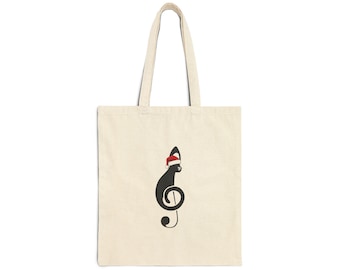Treble Clef Cat Wearing Santa Hat - Canvas Tote | Festive Kitty Design