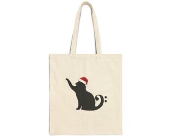 Bass Clef Cat Wearing Santa Hat - Canvas Tote | Festive Kitty Design