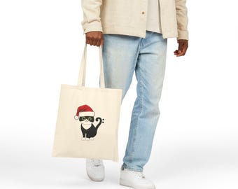 Bass Clef Tuxedo Cat Wearing Santa Hat - Canvas Tote| Festive Kitty Design