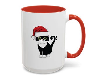 Bass Clef Tuxedo Cat Wearing Santa Hat - Ceramic Mug (11oz and 15oz) | Festive Kitty Design | Christmas Coffee Mug