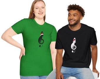 Treble Clef Cat Wearing Santa Hat Graphic Shirt